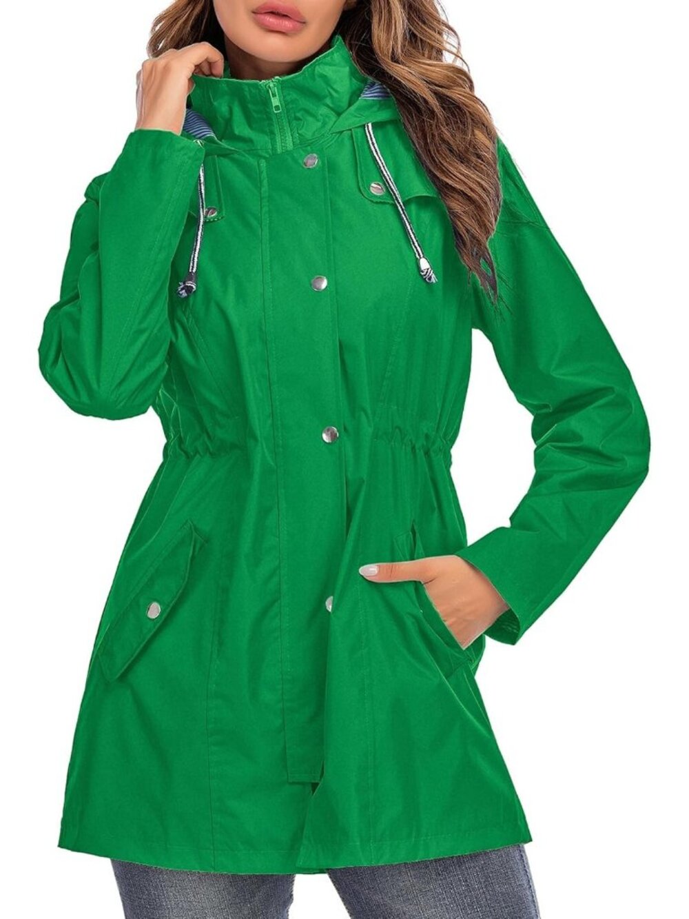 Women's Tree Green Hooded Striped Lined Waterproof Hiking Packable Rain Jacket